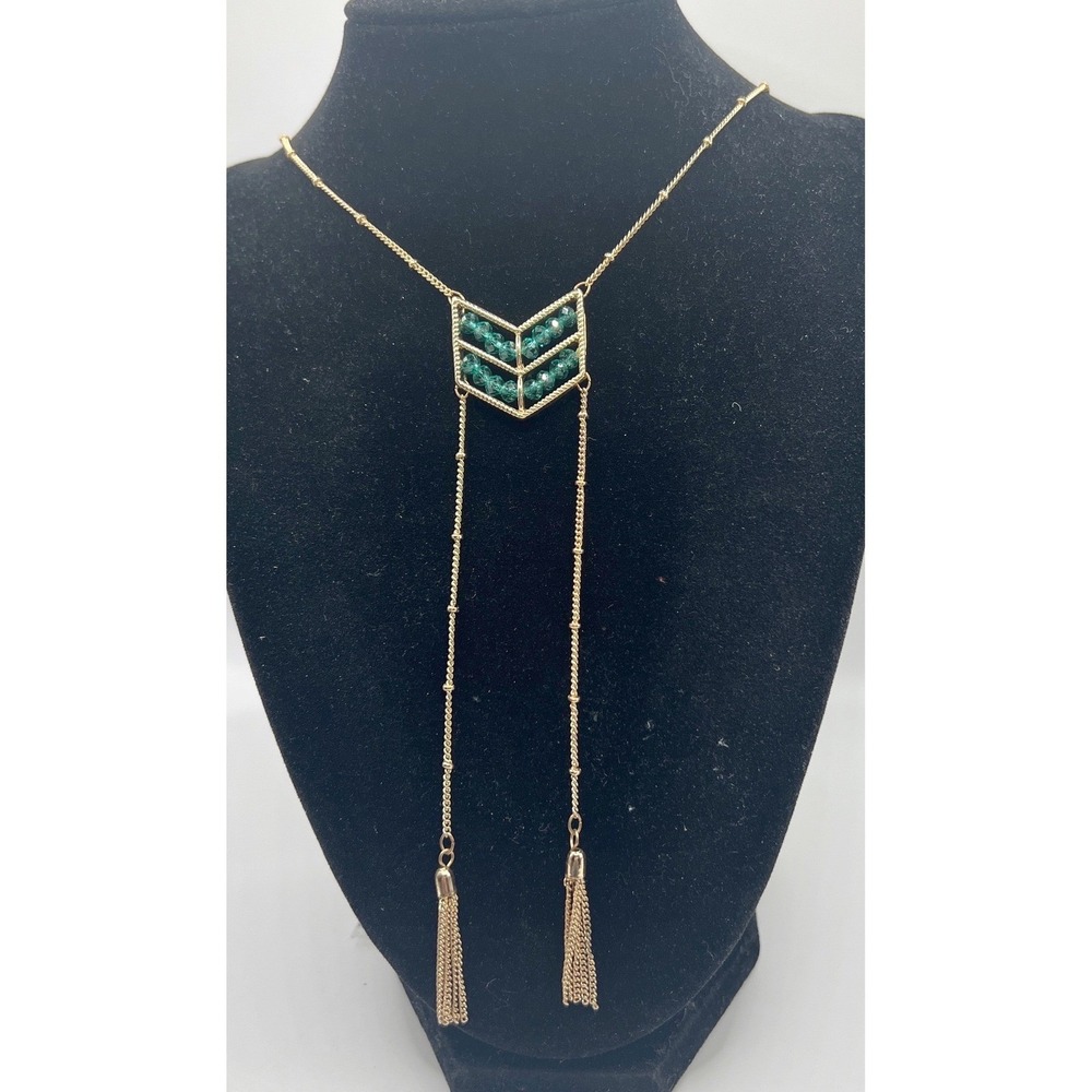 Gold Tone Chevron Station Necklace‎ Green Beads Tassel Fringe 24–26"